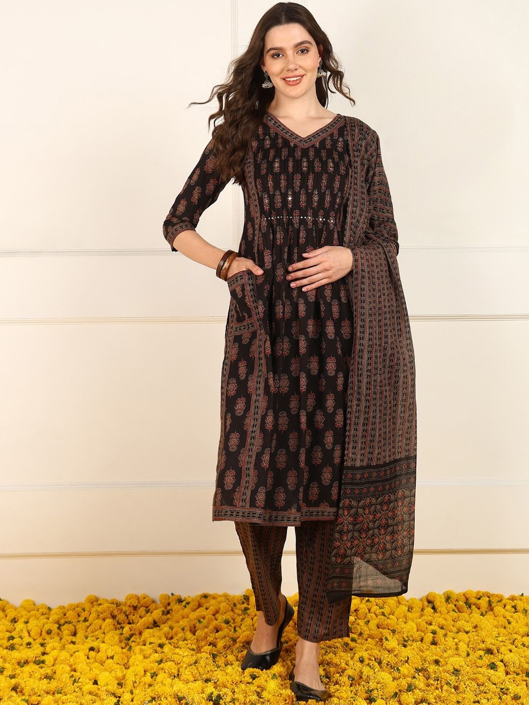 KALINI Women Ethnic Motifs Printed Empire Beads and Stones Pure Cotton Kurta with Trousers & With Dupatta, Brown
KALINI Women Ethnic Motifs Printed Empire Beads and Stones Pure Cotton Kurta with Trousers & With Dupatta, Brown