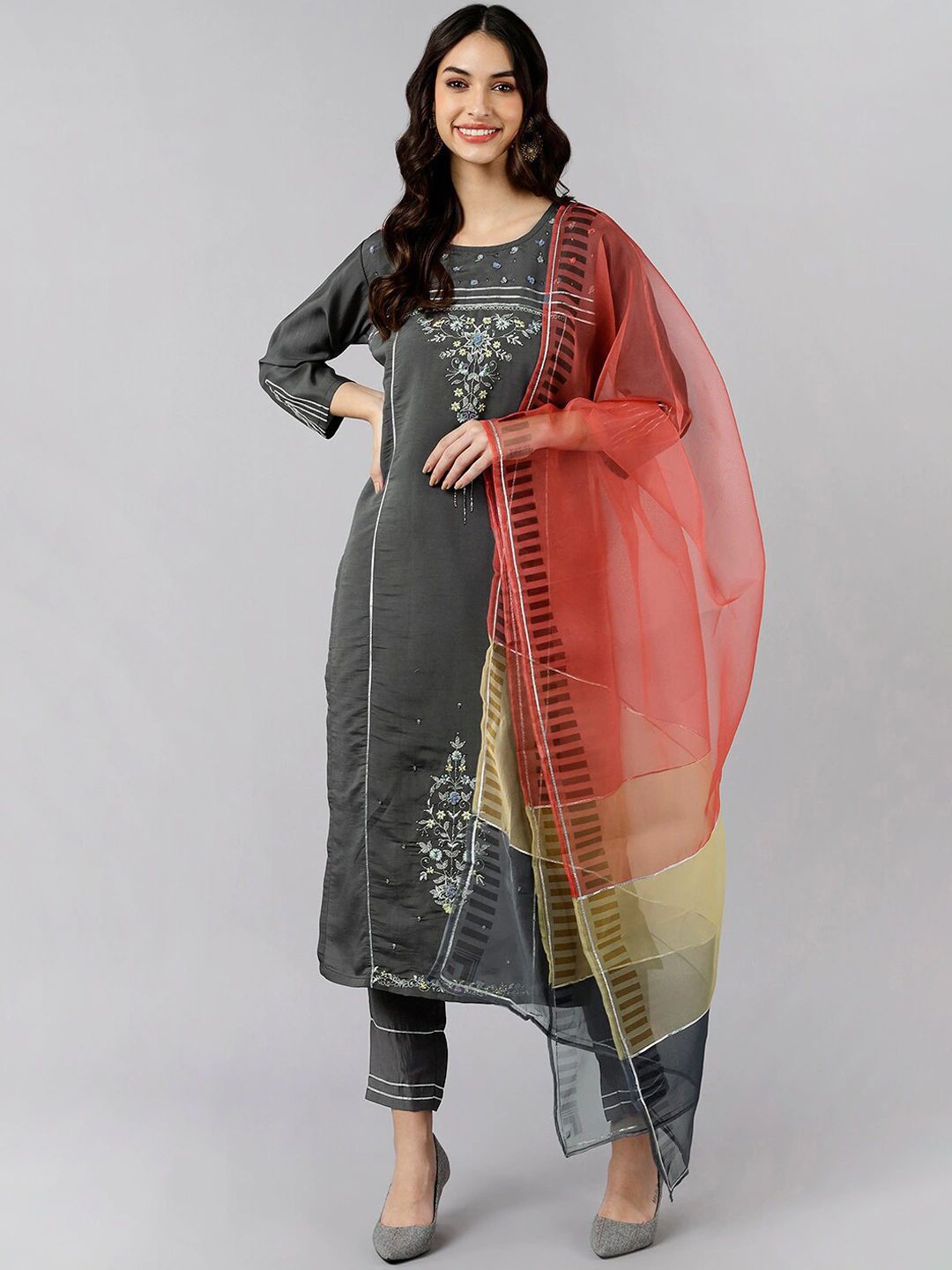 KALINI Women Floral Embroidered Regular Thread Work Kurta with Trousers & With Dupatta, Grey
KALINI Women Floral Embroidered Regular Thread Work Kurta with Trousers & With Dupatta, Grey