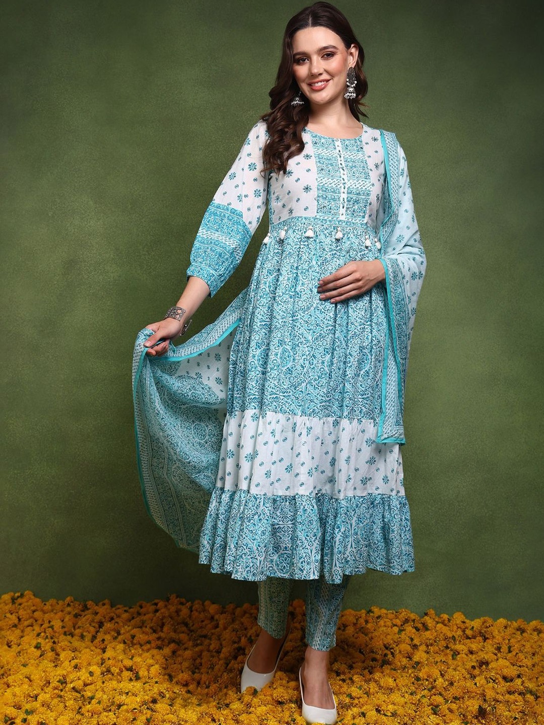 KALINI Women Ethnic Motifs Printed Tiered Beads and Stones Pure Cotton Kurta with Trousers & With Dupatta, Blue
KALINI Women Ethnic Motifs Printed Tiered Beads and Stones Pure Cotton Kurta with Trousers & With Dupatta, Blue