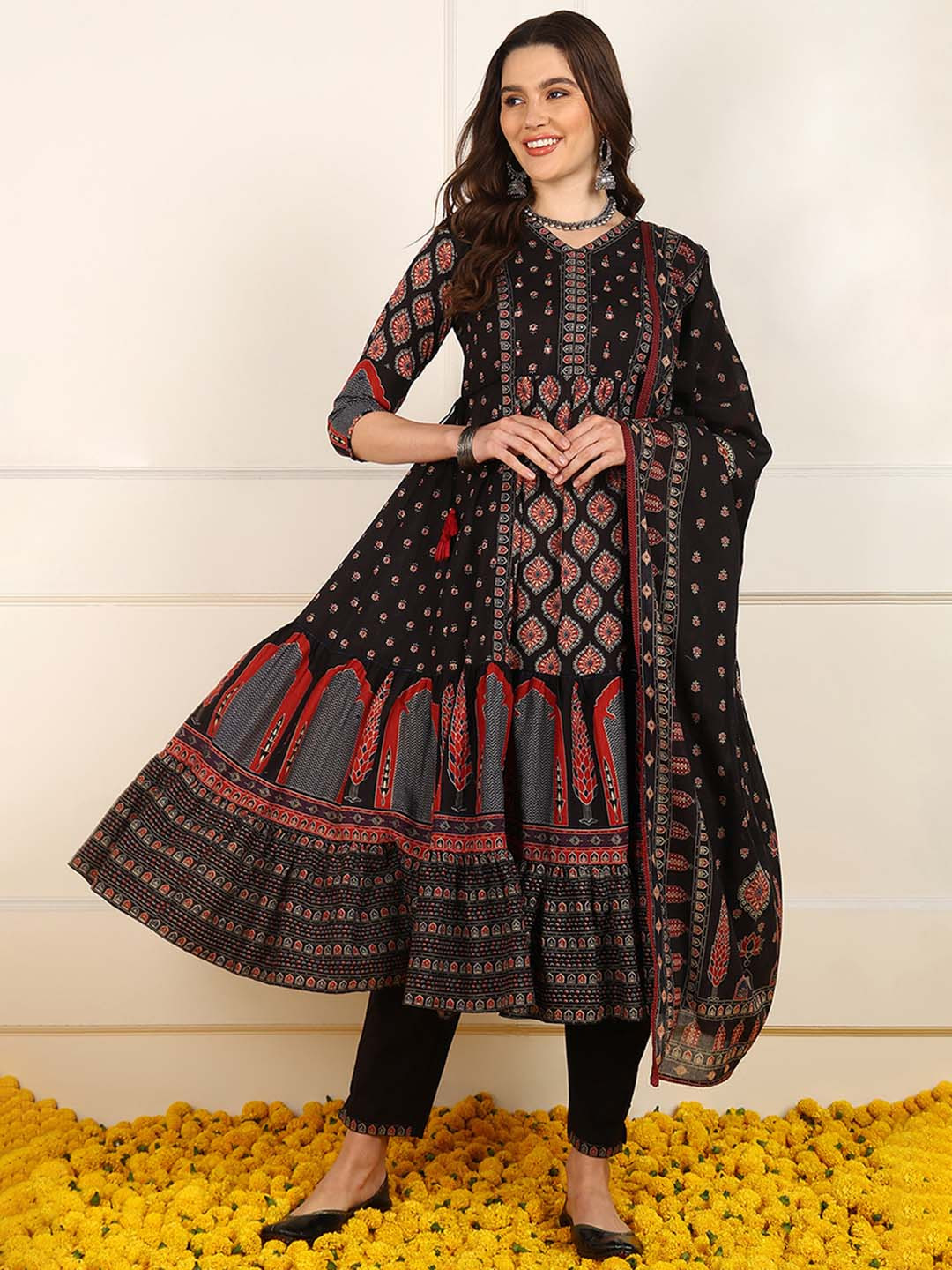 KALINI Ethnic Motifs Printed Empire Mirror Work Pure Cotton Kurta with Trousers & Dupatta, Black
KALINI Ethnic Motifs Printed Empire Mirror Work Pure Cotton Kurta with Trousers & Dupatta, Black