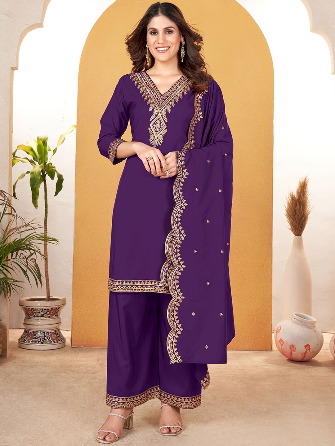 KALINI Women Ethnic Motifs Embroidered Regular Thread Work Kurta with Palazzos & With Dupatta, Purple
KALINI Women Ethnic Motifs Embroidered Regular Thread Work Kurta with Palazzos & With Dupatta, Purple