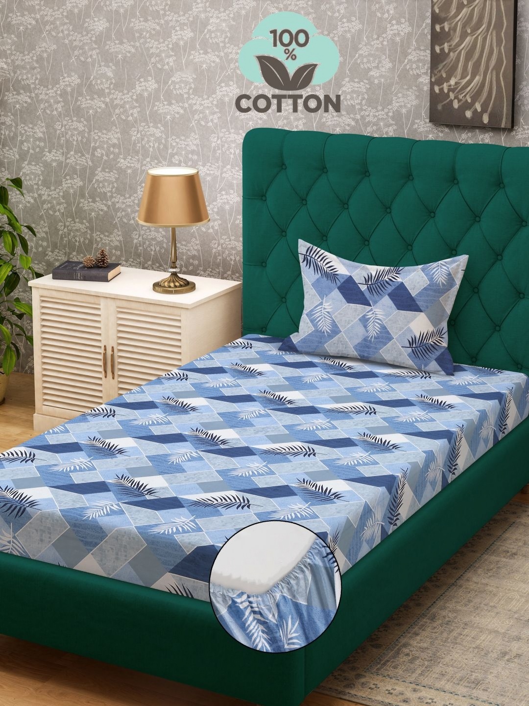 KLOTTHE Blue & White Printed Pure Cotton 400TC Fitted Single Bedsheet & Pillow Cover
KLOTTHE Blue & White Printed Pure Cotton 400TC Fitted Single Bedsheet & Pillow Cover