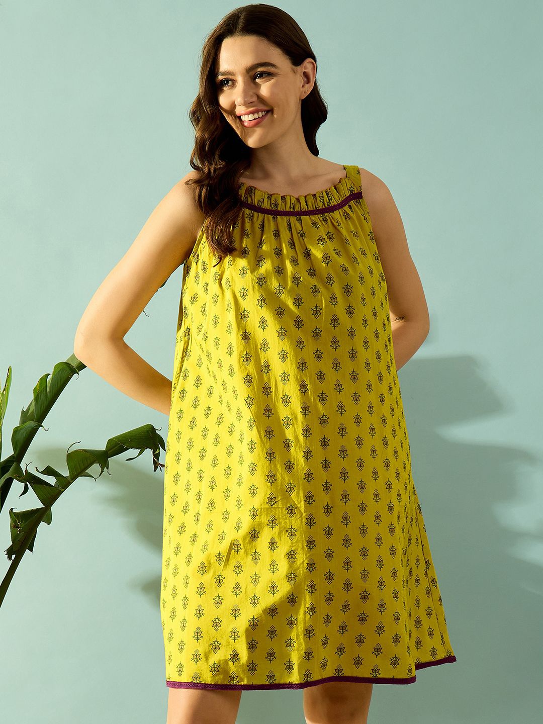The Kaftan Company Ethnic Motifs Printed Shoulder Straps Pure Cotton Nightdress, Yellow
The Kaftan Company Ethnic Motifs Printed Shoulder Straps Pure Cotton Nightdress, Yellow
