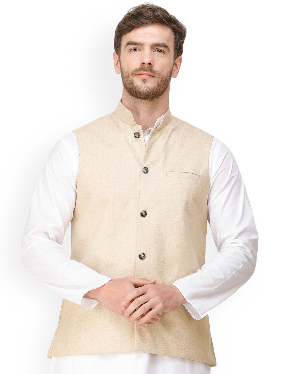 Exotic India Summer Melon Front Pockets Waistcoat with Woven Diagonal Stripes, Beige
Exotic India Summer Melon Front Pockets Waistcoat with Woven Diagonal Stripes, Beige