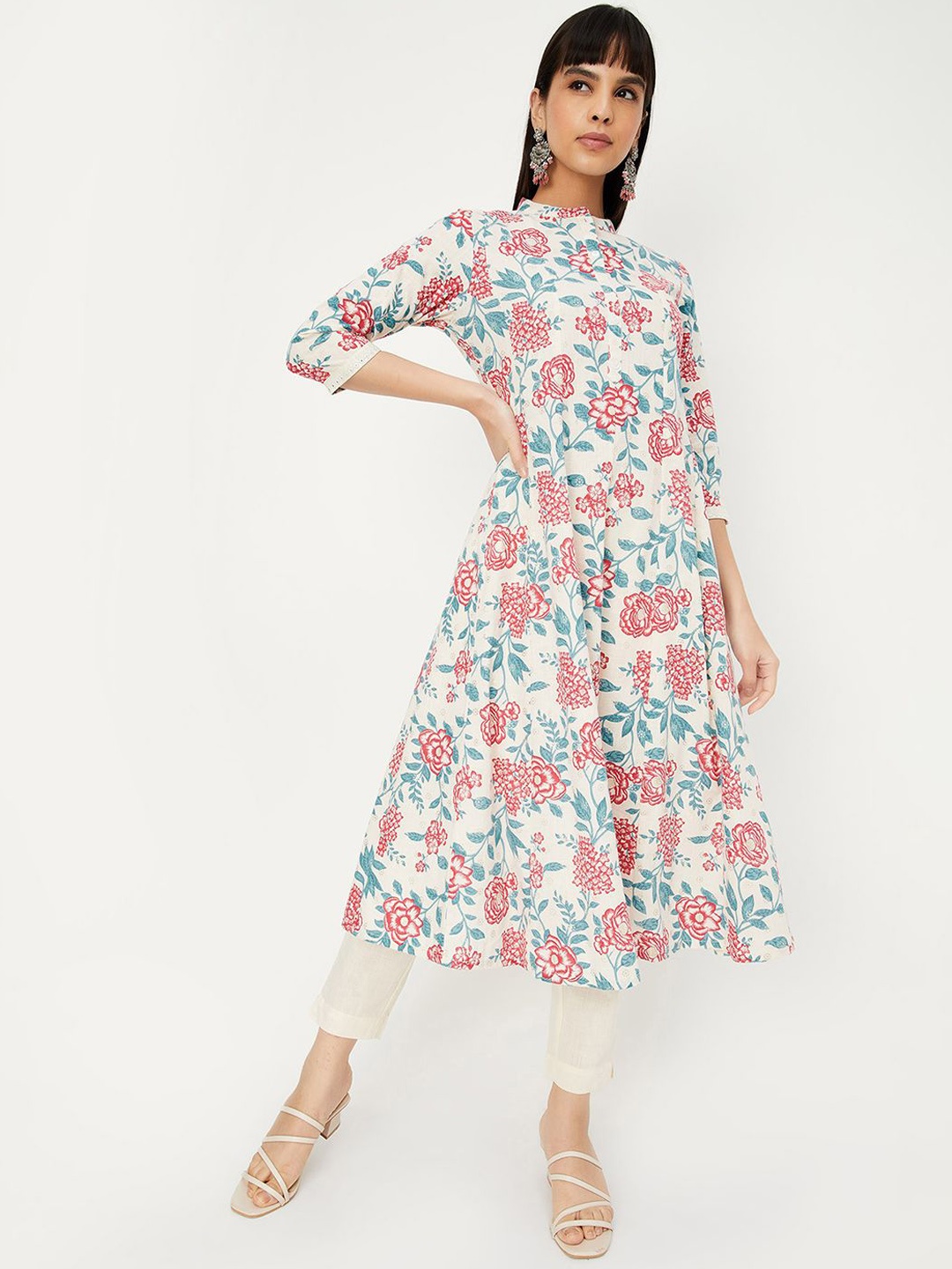 max Floral Printed Mandarin Collar Mirror Work Anarkali Kurta With Trousers, Off white
max Floral Printed Mandarin Collar Mirror Work Anarkali Kurta With Trousers, Off white
