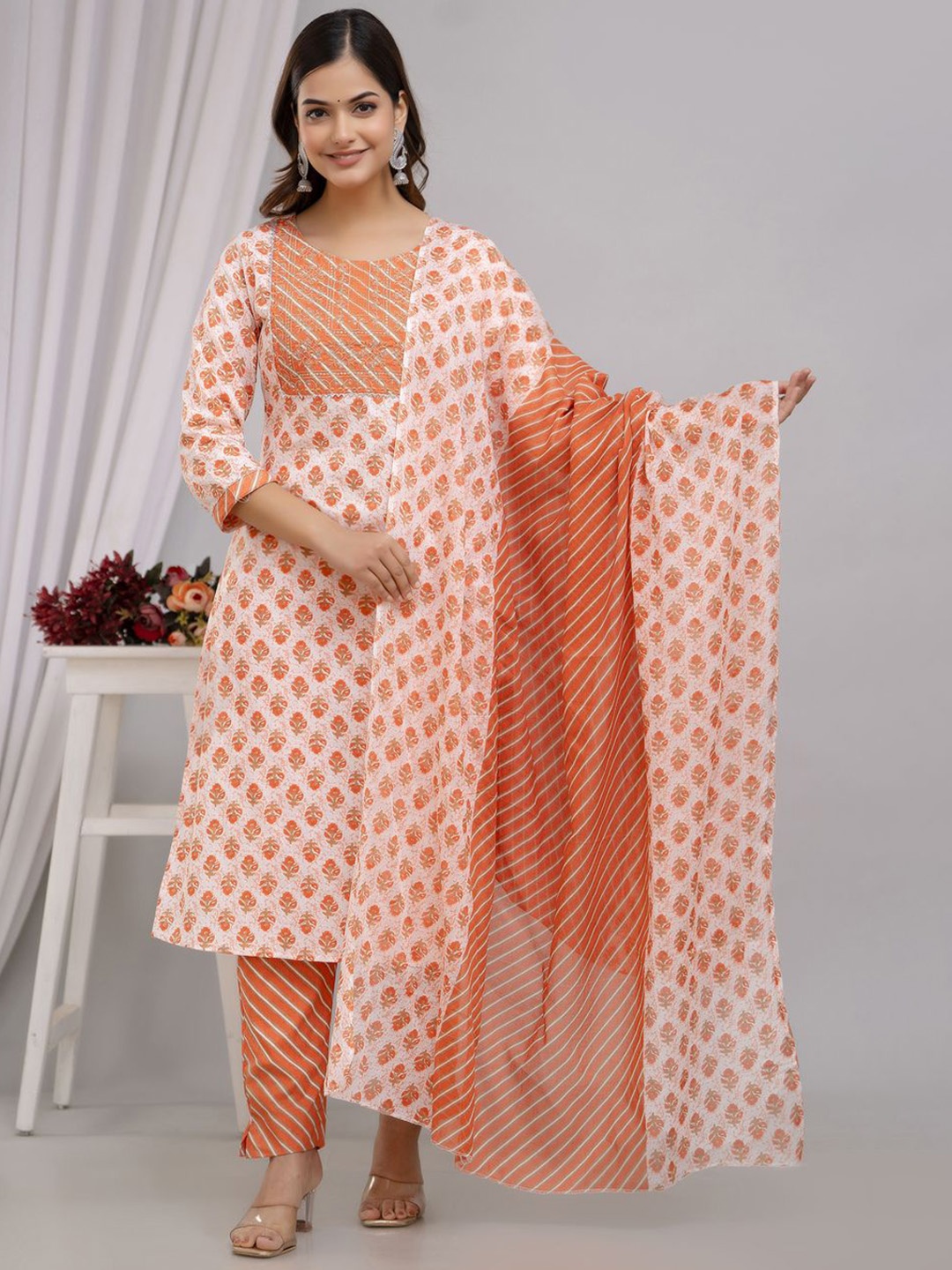 D K W Floral Printed Sequinned Pure Cotton Straight Kurta with Trouser & Dupatta, Orange
D K W Floral Printed Sequinned Pure Cotton Straight Kurta with Trouser & Dupatta, Orange