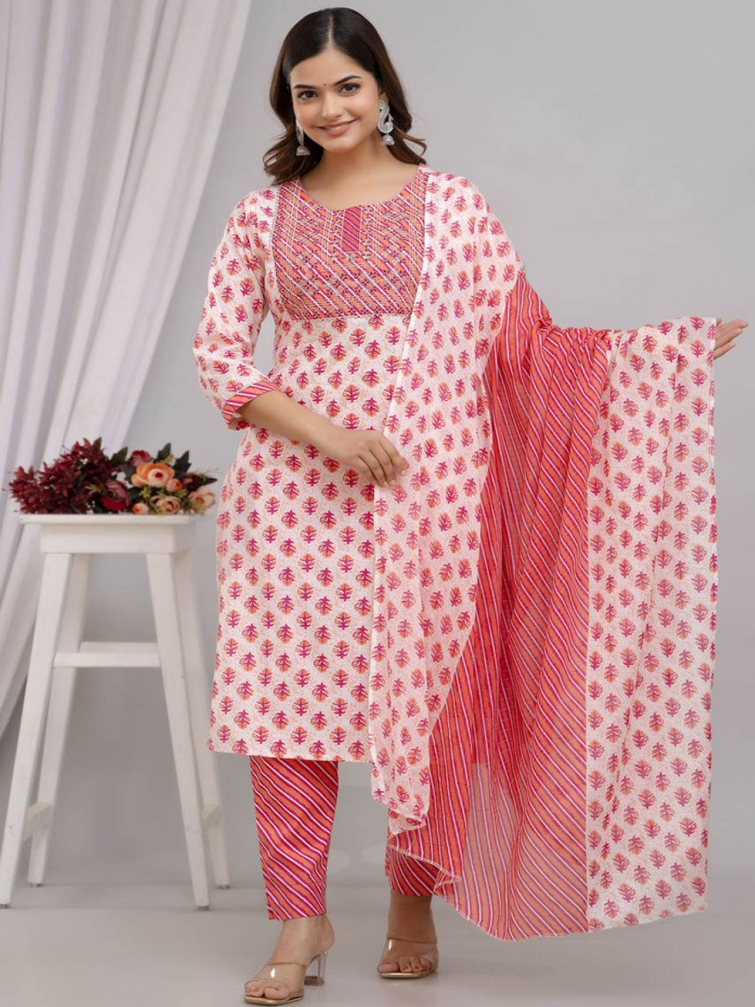 D K W Floral Printed Sequinned Pure Cotton Straight Kurta with Trouser & Dupatta, Pink
D K W Floral Printed Sequinned Pure Cotton Straight Kurta with Trouser & Dupatta, Pink