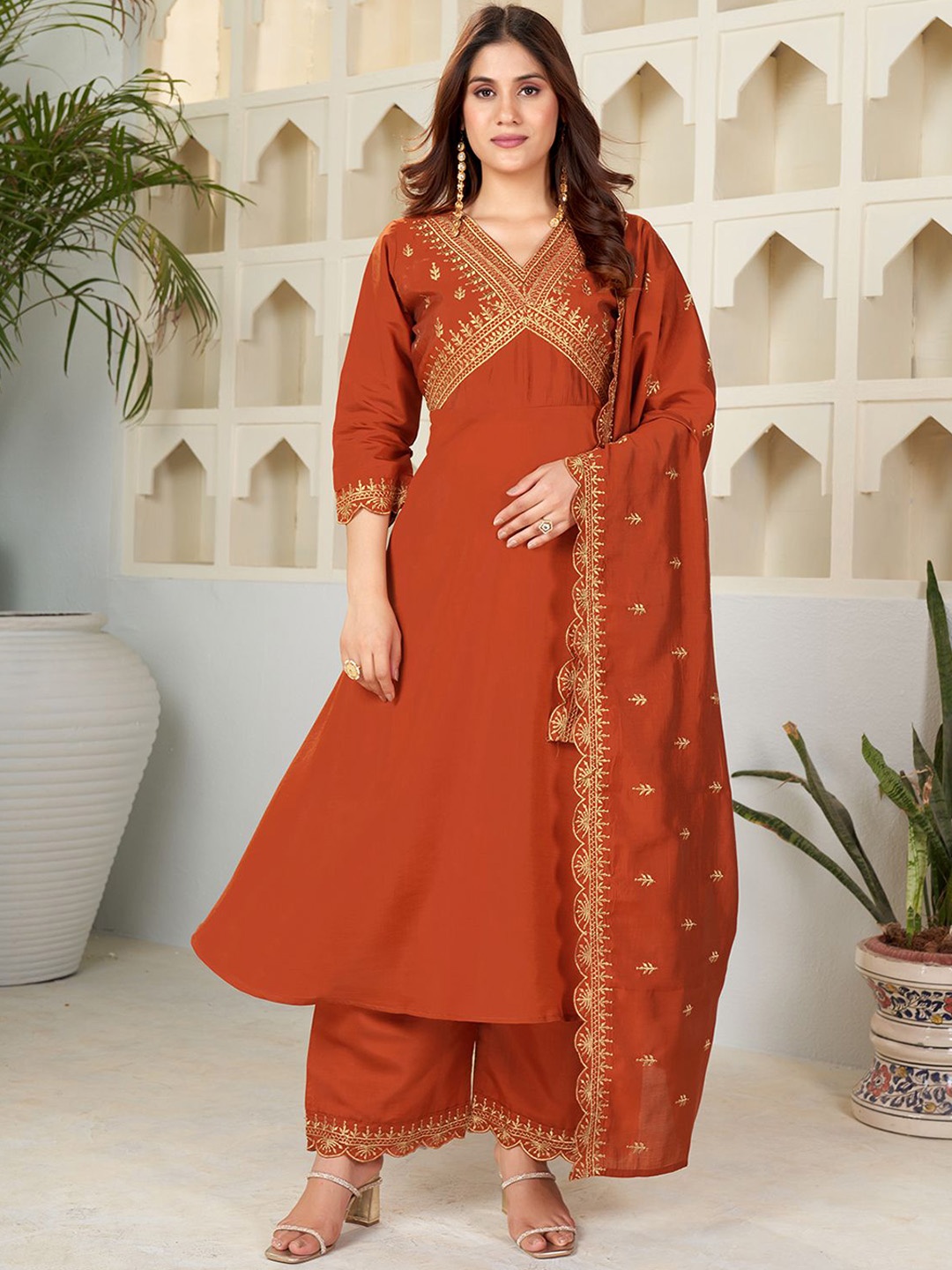 KALINI Ethnic Motifs Yoke Design Empire Thread Work A-Line Kurta With Palazzos & Dupatta, Rust
KALINI Ethnic Motifs Yoke Design Empire Thread Work A-Line Kurta With Palazzos & Dupatta, Rust