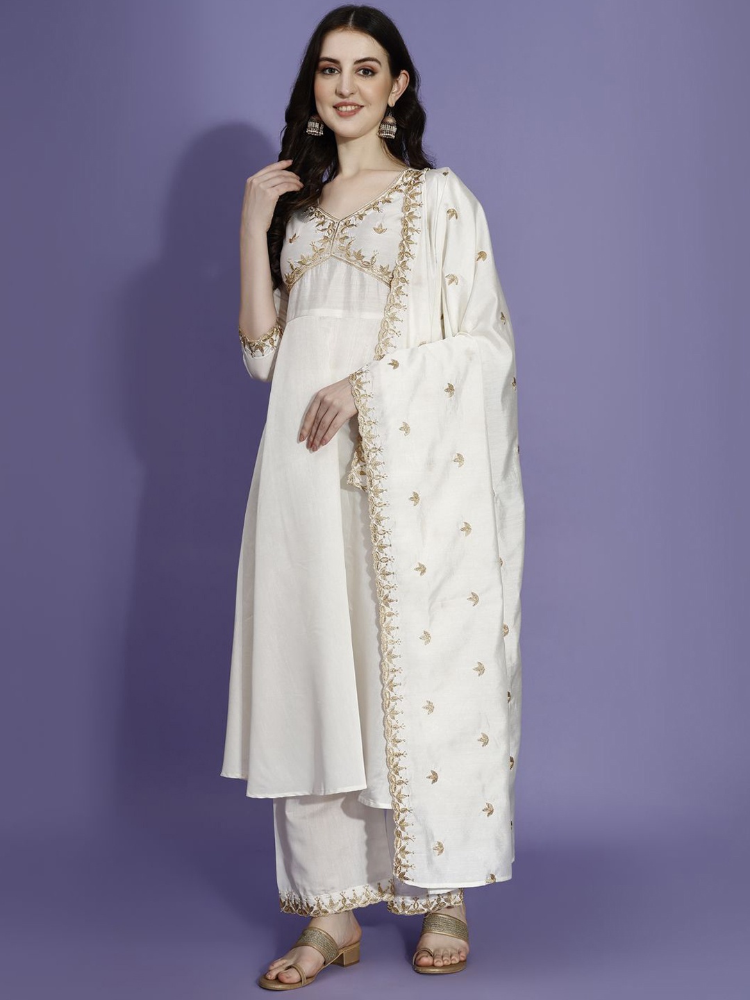 KALINI Ethnic Motifs Yoke Design Empire Thread Work A-Line Kurta With Palazzos & Dupatta, White
KALINI Ethnic Motifs Yoke Design Empire Thread Work A-Line Kurta With Palazzos & Dupatta, White