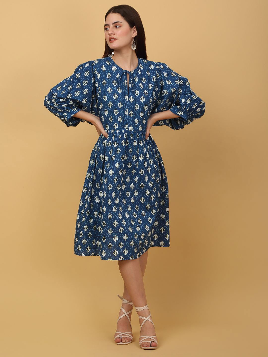 SiaVira Ethnic Motifs Print Tie-Up Neck Puff Sleeve Pure Cotton A-Line Midi Dress, Blue
SiaVira Ethnic Motifs Print Tie-Up Neck Puff Sleeve Pure Cotton A-Line Midi Dress, Blue