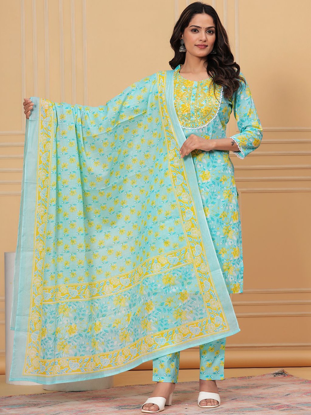 KALINI Floral Embroidered Thread Work Pure Cotton Kurta with Trousers & Dupatta, Green
KALINI Floral Embroidered Thread Work Pure Cotton Kurta with Trousers & Dupatta, Green