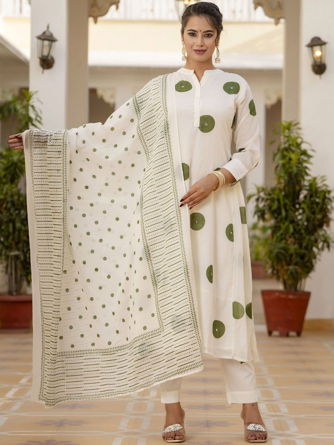 Readiprint Printed Pleated Mirror Work Pure Cotton Kurta with Palazzos & Dupatta, Off white
Readiprint Printed Pleated Mirror Work Pure Cotton Kurta with Palazzos & Dupatta, Off white