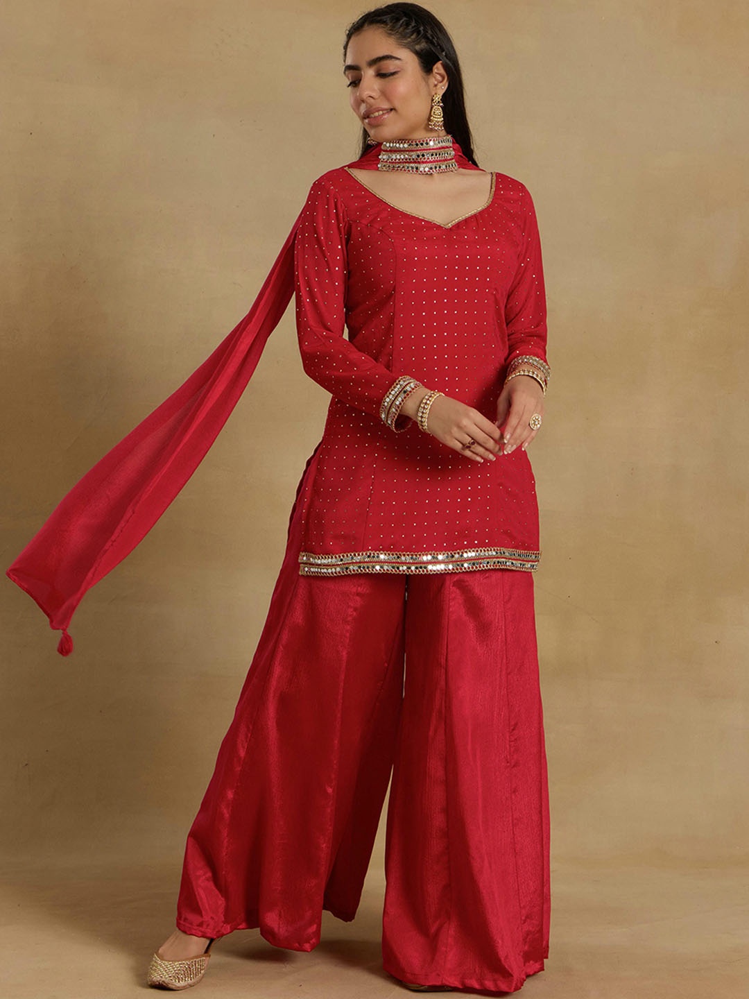 Alaya By Stage3 Geometric Self Design Regular Sequinned Kurta With Palazzos & Dupatta, Red
Alaya By Stage3 Geometric Self Design Regular Sequinned Kurta With Palazzos & Dupatta, Red
