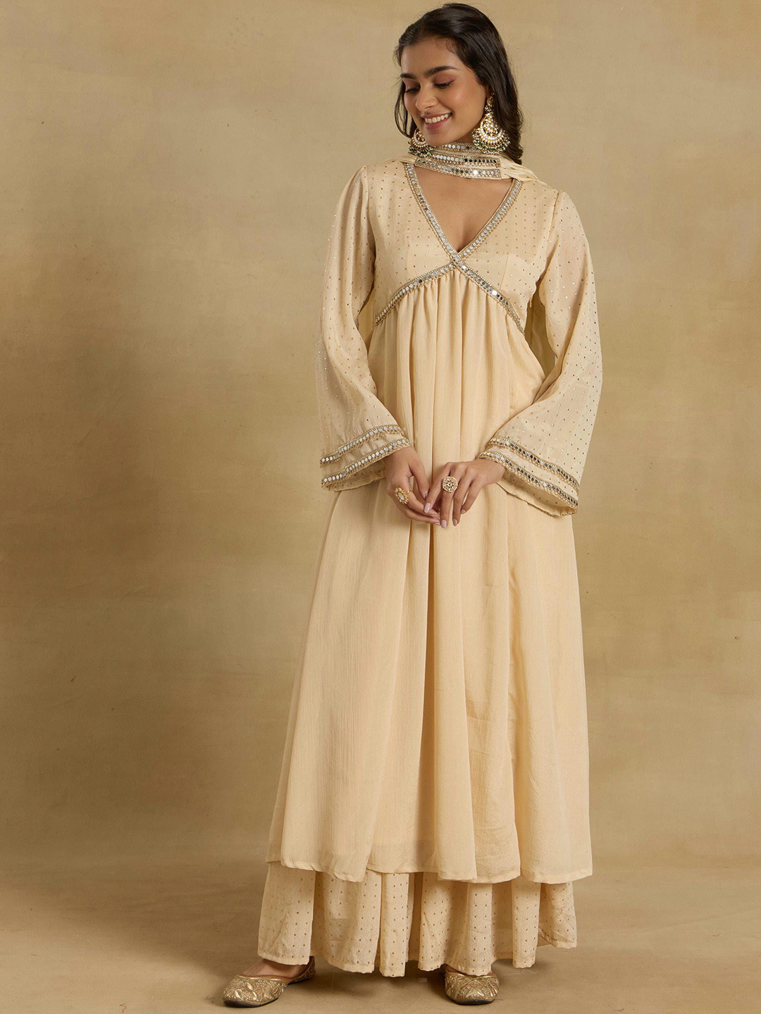 Alaya By Stage3 Geometric Yoke Design Empire Mirror Work Kurta With Sharara & Dupatta, White 
Alaya By Stage3 Geometric Yoke Design Empire Mirror Work Kurta With Sharara & Dupatta, White