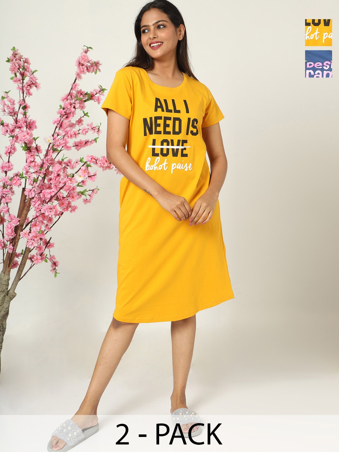 9shines Label Pack Of 2 Typography Printed Pure Cotton T-shirt Nightdresses, Yellow
9shines Label Pack Of 2 Typography Printed Pure Cotton T-shirt Nightdresses, Yellow