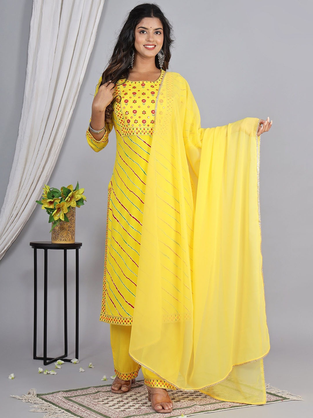 ELVISH JAIPUR Floral Embroidered Round Neck Mirror Work Kurta with Trousers & Dupatta, Yellow
ELVISH JAIPUR Floral Embroidered Round Neck Mirror Work Kurta with Trousers & Dupatta, Yellow