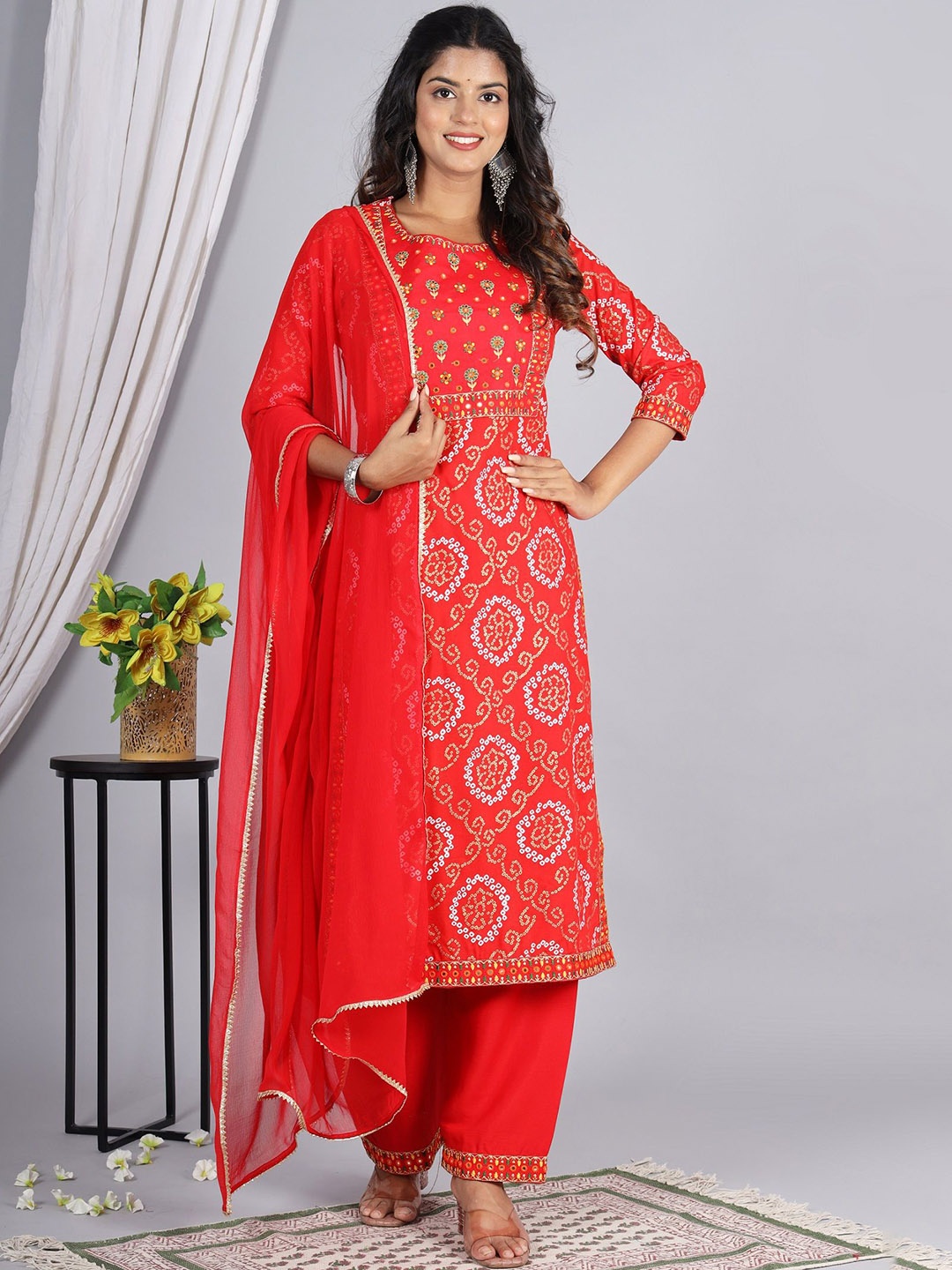 ELVISH JAIPUR Bandhani Embroidered Round Neck Mirror Work Kurta with Palazzos & Dupatta, Red
ELVISH JAIPUR Bandhani Embroidered Round Neck Mirror Work Kurta with Palazzos & Dupatta, Red