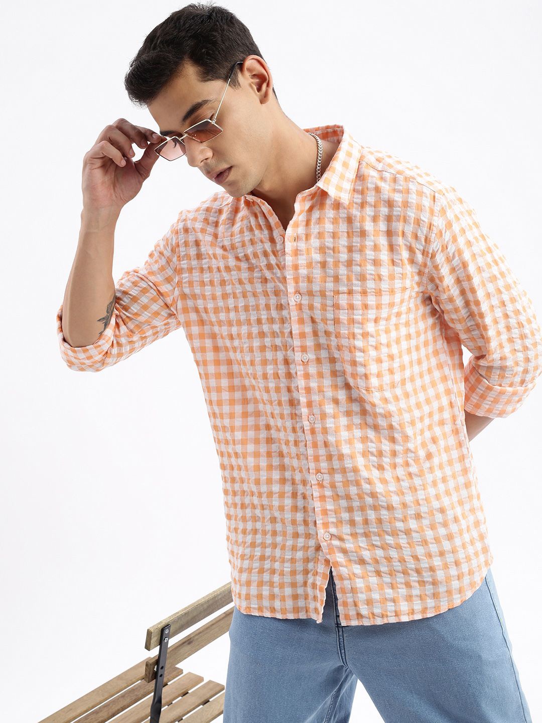SHOWOFF Standard Slim Fit Gingham Checked Spread Collar Seersucker Weave Cotton Shirt, Orange
SHOWOFF Standard Slim Fit Gingham Checked Spread Collar Seersucker Weave Cotton Shirt, Orange