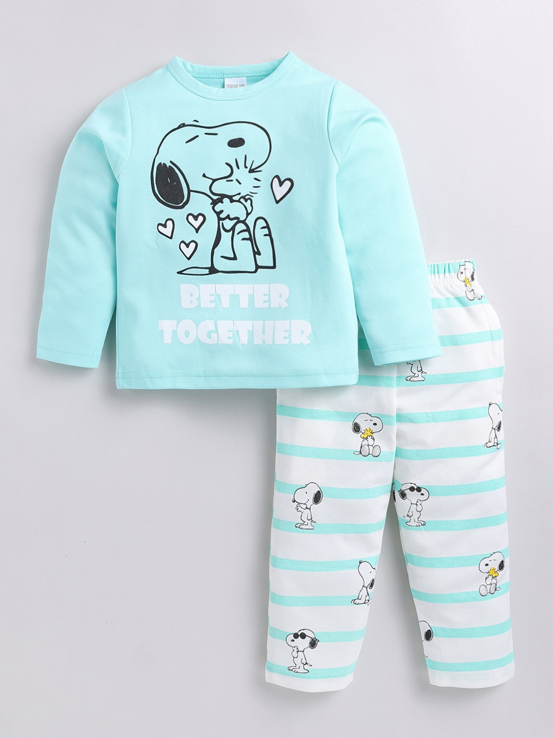 Here&Now X Denikid Girls Pure Cotton Peanuts Printed T-shirt with Striped Leggings, Turquoise blue
Here&Now X Denikid Girls Pure Cotton Peanuts Printed T-shirt with Striped Leggings, Turquoise blue