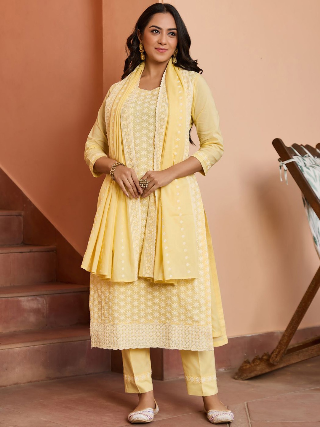 WOMEN PLUS Ethnic Motifs Embroidered Thread Work Cotton Kurta with Trousers & Dupatta, Yellow
WOMEN PLUS Ethnic Motifs Embroidered Thread Work Cotton Kurta with Trousers & Dupatta, Yellow
