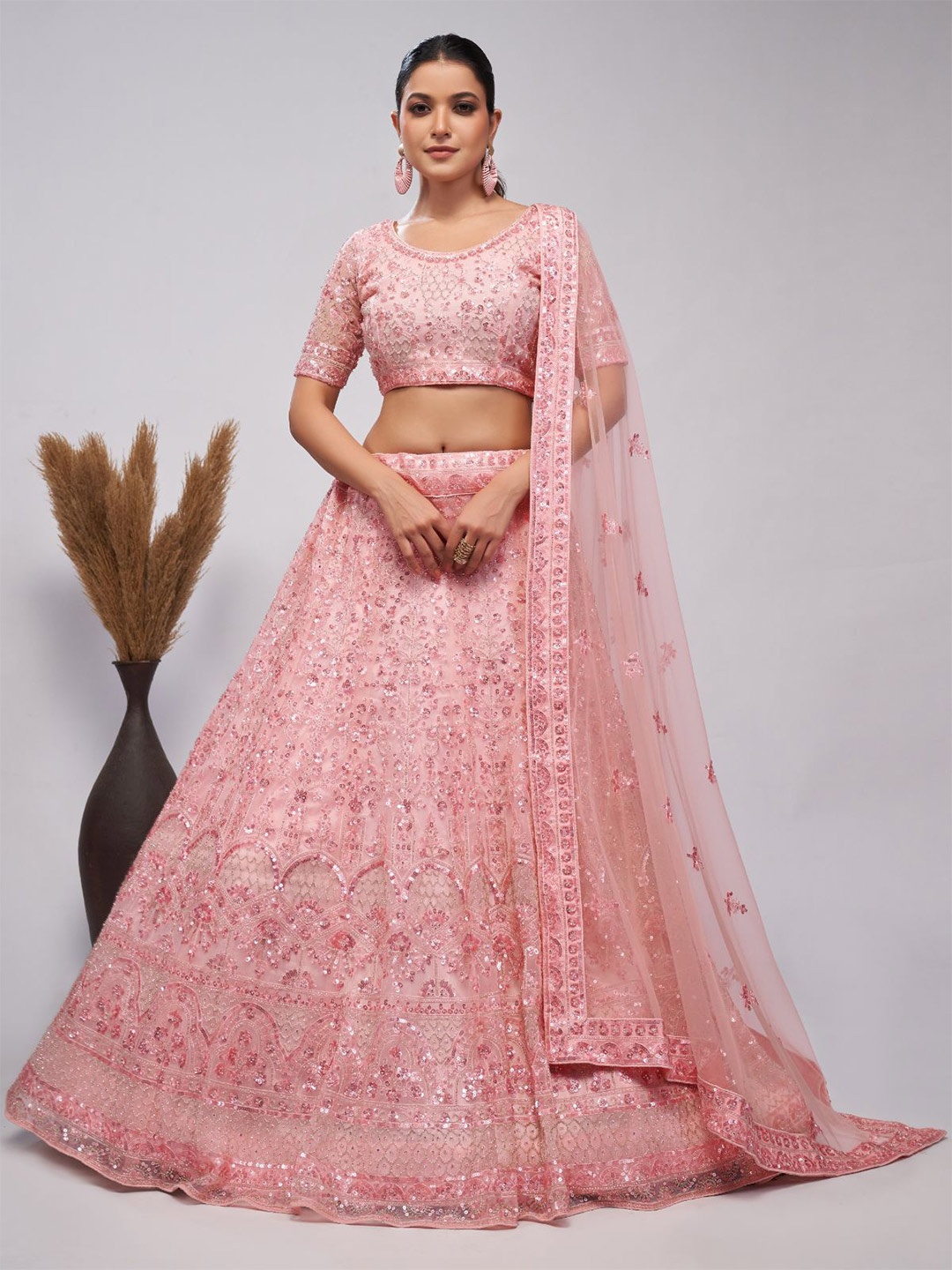 ODETTE Embroidered Beads and Stones Semi-Stitched Lehenga & Unstitched Blouse With Dupatta, Peach
ODETTE Embroidered Beads and Stones Semi-Stitched Lehenga & Unstitched Blouse With Dupatta, Peach