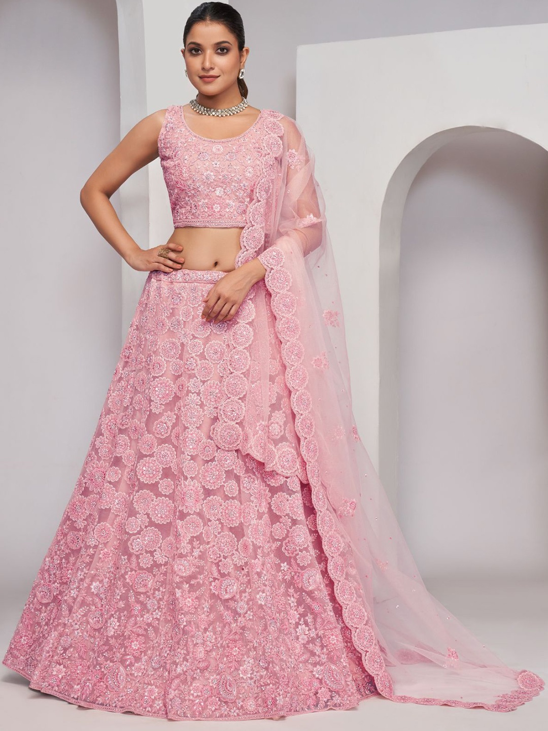 ODETTE Embroidered Sequinned Semi-Stitched Net Lehenga & Unstitched Blouse With Dupatta, Pink
ODETTE Embroidered Sequinned Semi-Stitched Net Lehenga & Unstitched Blouse With Dupatta, Pink