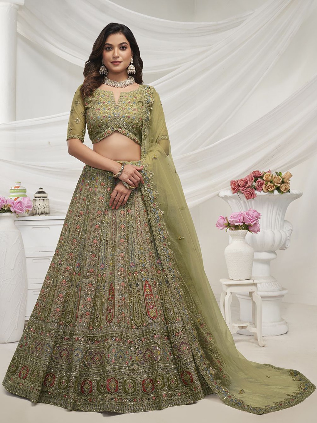 Fusionic Embroidered Thread Work Semi-Stitched Lehenga & Unstitched Blouse With Dupatta, Olive
Fusionic Embroidered Thread Work Semi-Stitched Lehenga & Unstitched Blouse With Dupatta, Olive