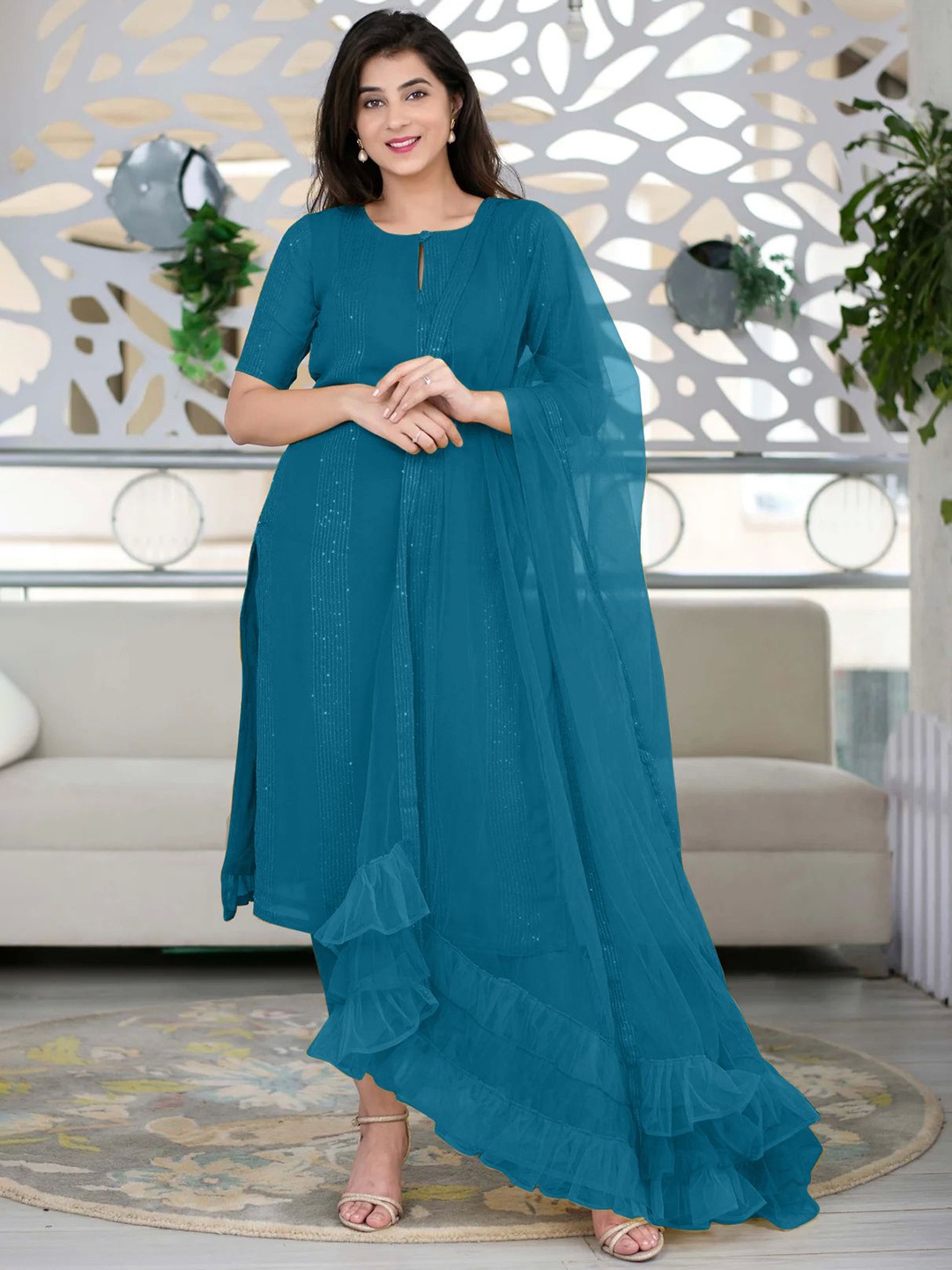 KALINI Striped Keyhole Neck Sequinned Straight Kurta with Trousers & Dupatta, Turquoise blue
KALINI Striped Keyhole Neck Sequinned Straight Kurta with Trousers & Dupatta, Turquoise blue