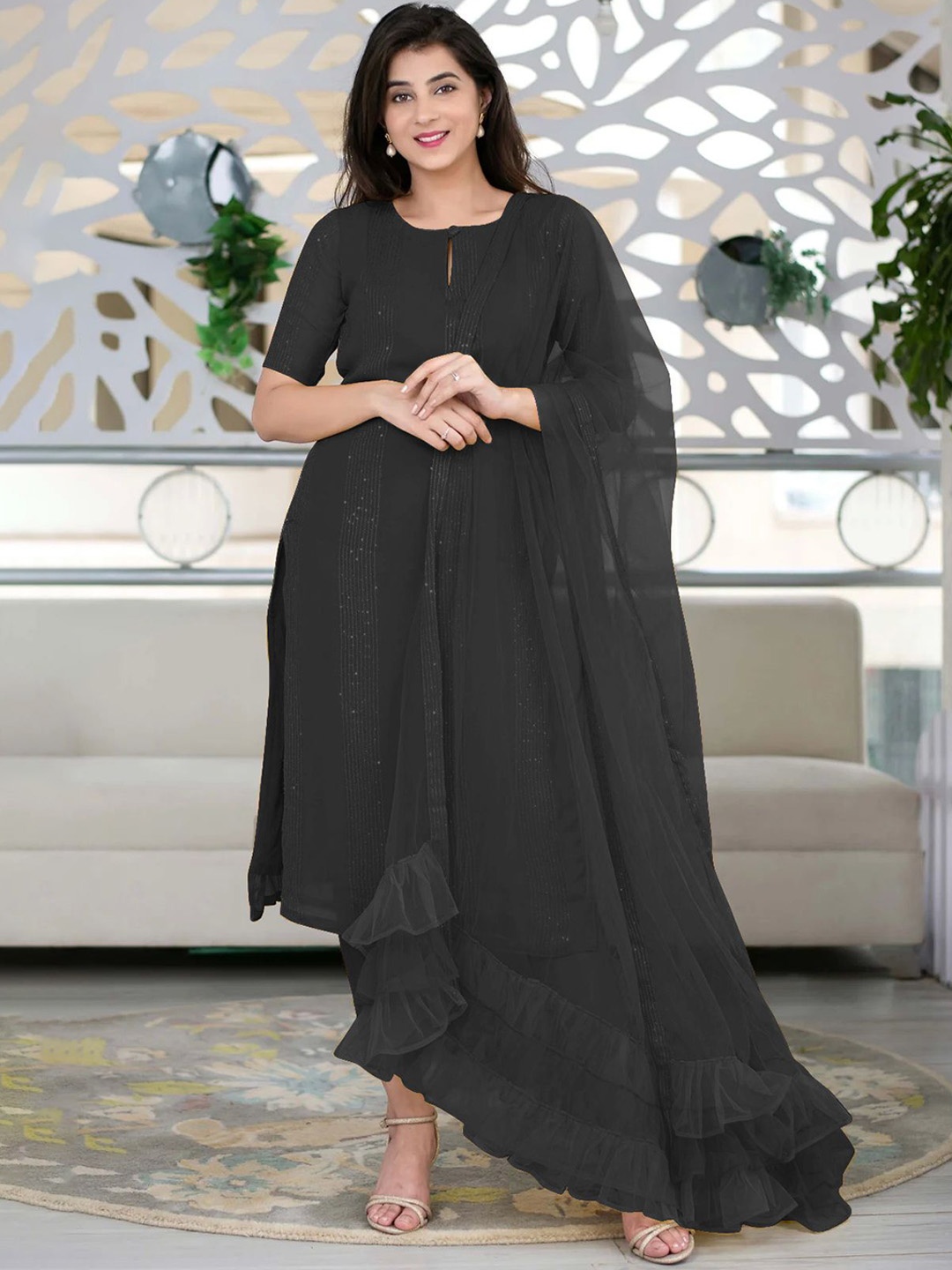 KALINI Embroidered Regular Sequinned Silk Crepe Kurta with Trousers & With Dupatta, Black
KALINI Embroidered Regular Sequinned Silk Crepe Kurta with Trousers & With Dupatta, Black