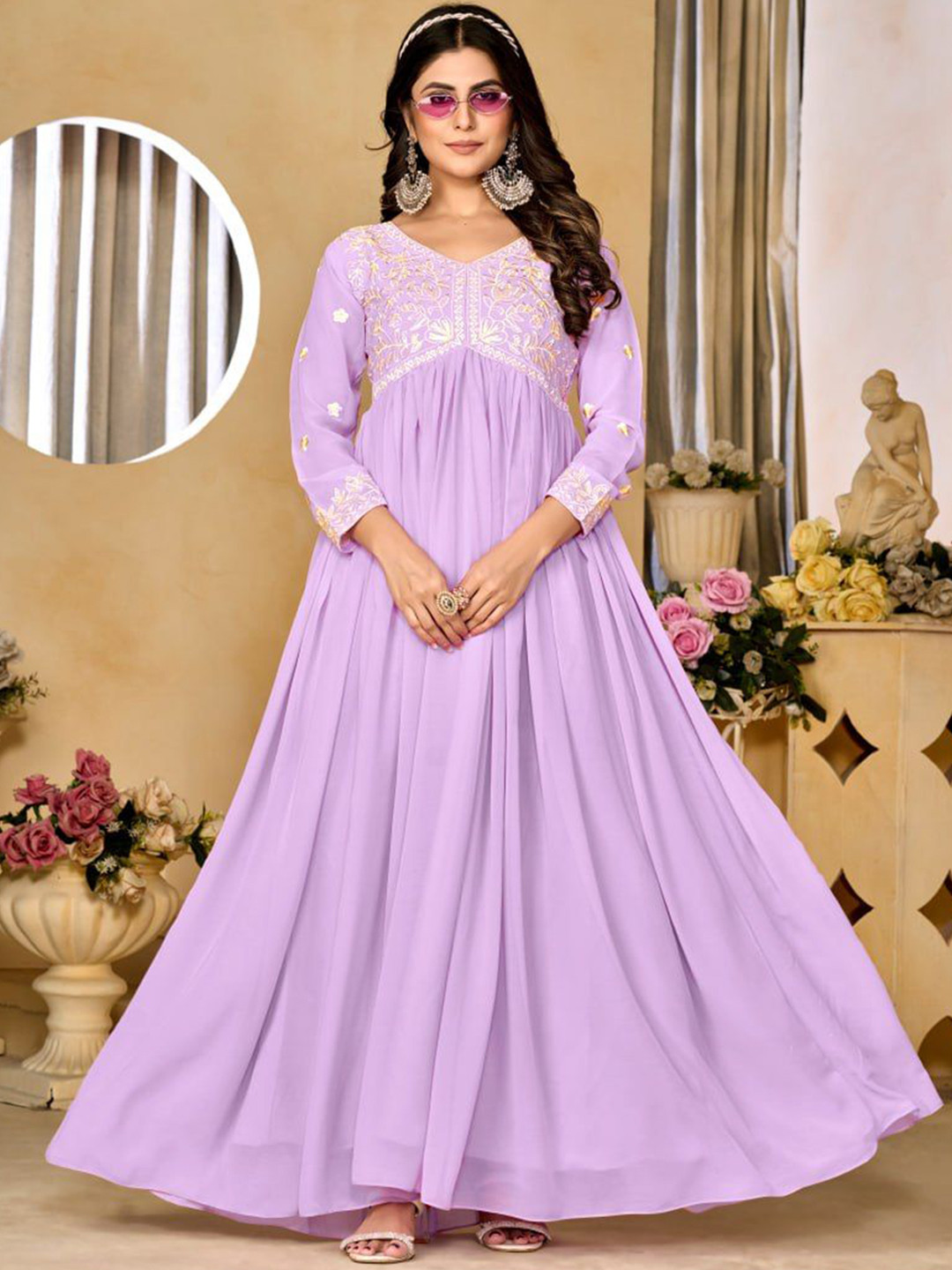 Ethnic Yard Floral Embroidered V-Neck Georgette Gown Maxi Ethnic Dress, Lavender
Ethnic Yard Floral Embroidered V-Neck Georgette Gown Maxi Ethnic Dress, Lavender