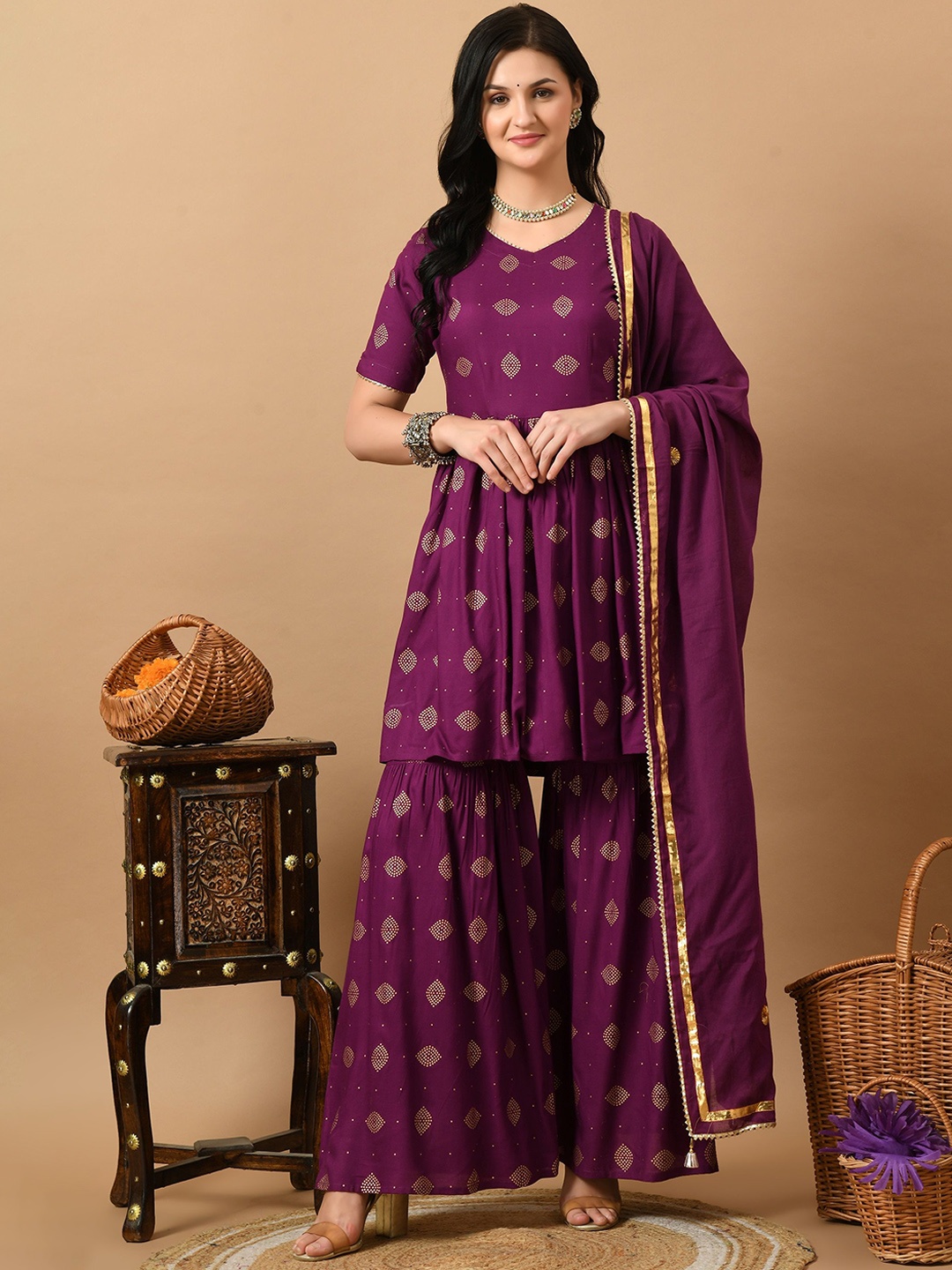 ETISHA Ethnic Motifs Printed Gotta Patti Anarkali Kurta With Sharara & Dupatta, Purple
ETISHA Ethnic Motifs Printed Gotta Patti Anarkali Kurta With Sharara & Dupatta, Purple