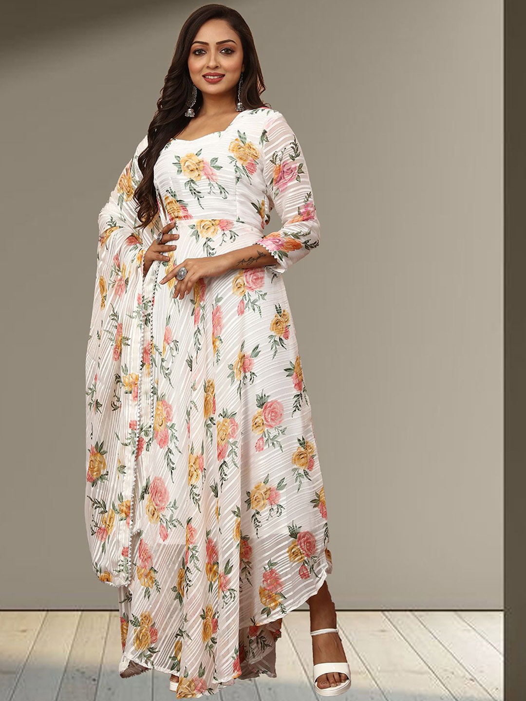 N N ENTERPRISE Floral Printed Georgette Fit & Flare Maxi Ethnic Dresses With Dupatta, Orange
N N ENTERPRISE Floral Printed Georgette Fit & Flare Maxi Ethnic Dresses With Dupatta, Orange