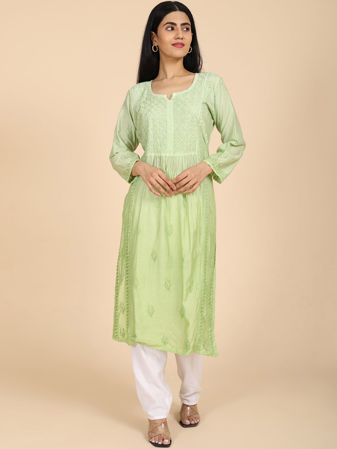 HELLA FASHIONS Ethnic Motifs Embroidered Chikankari Cotton Straight Kurta, Lime green
HELLA FASHIONS Ethnic Motifs Embroidered Chikankari Cotton Straight Kurta, Lime green
