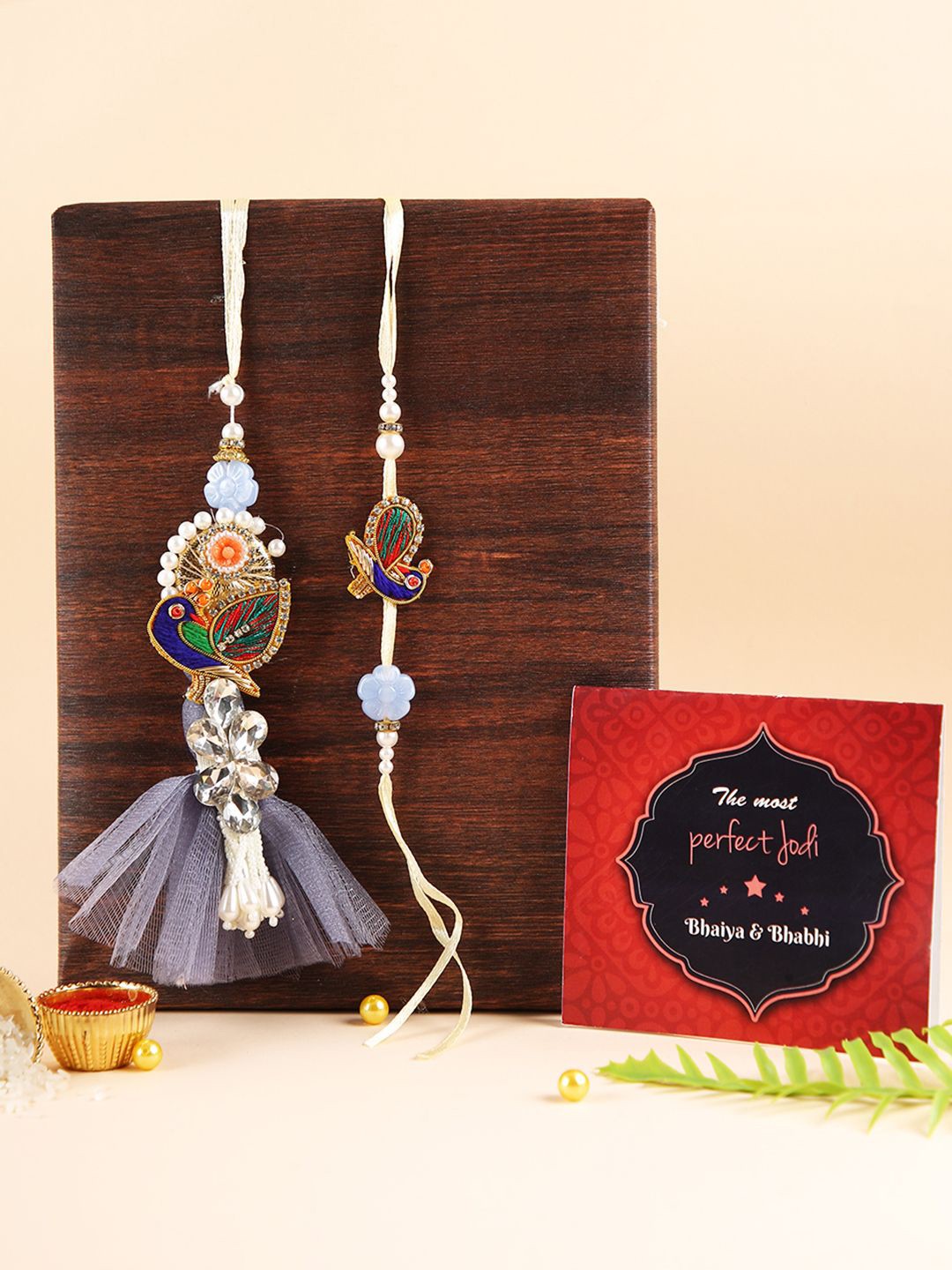 TIED RIBBONS Set of 2 Peacock Bhaiya Bhabhi Rakhi with Card and Roli Chawal, Grey