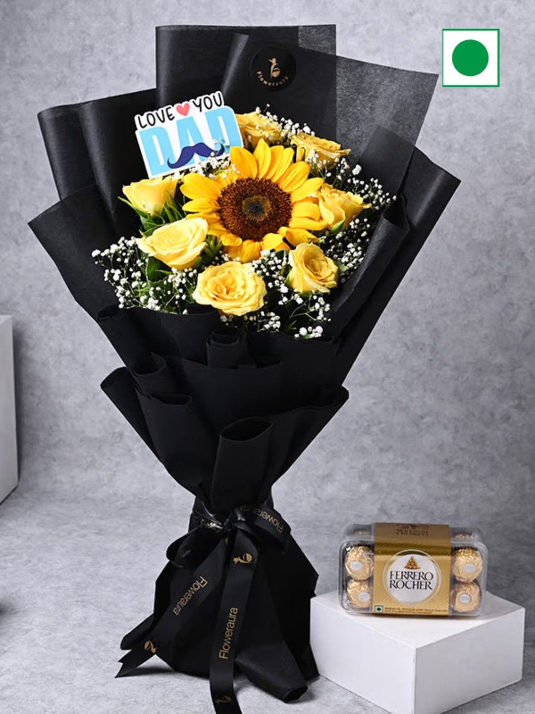 Floweraura 8-Yellow Roses & 1-Sunflower Fresh Live Bouquet With Pack of 16 Chocolate
Floweraura 8-Yellow Roses & 1-Sunflower Fresh Live Bouquet With Pack of 16 Chocolate