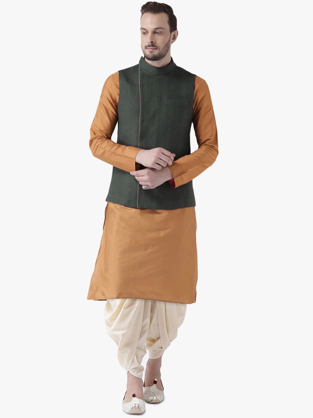 KISAH Mandarin Collar Long Sleeves Regular Kurta & Dhoti Pants with Nehru Jacket, Green
KISAH Mandarin Collar Long Sleeves Regular Kurta & Dhoti Pants with Nehru Jacket, Green