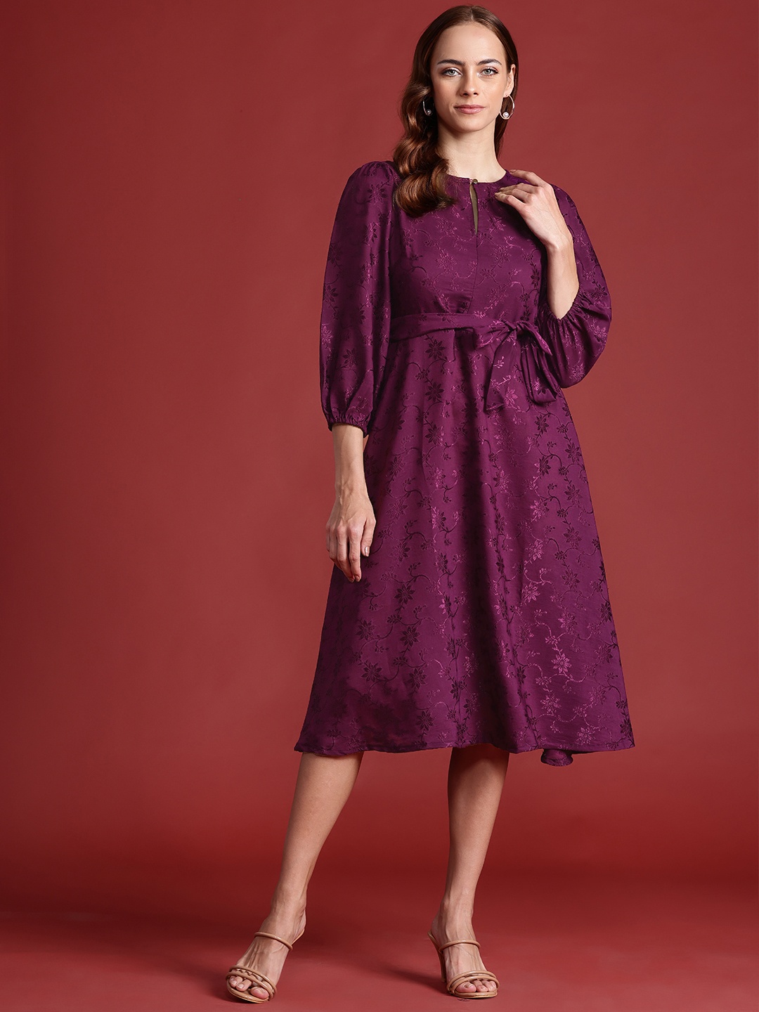 all about you Floral Print Embroidered Puff Sleeves A-Line Dress With Tie-Up Waist, Burgundy
all about you Floral Print Embroidered Puff Sleeves A-Line Dress With Tie-Up Waist, Burgundy