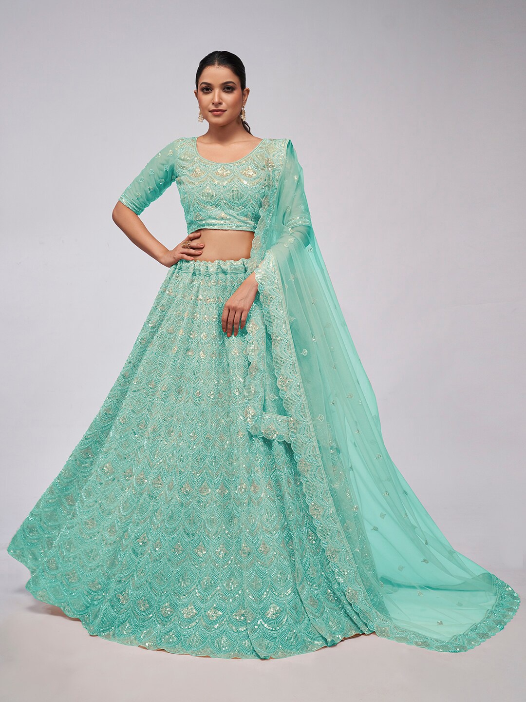 Fusionic Embroidered Sequinned Semi-Stitched Lehenga & Unstitched Blouse With Dupatta, Sea green
Fusionic Embroidered Sequinned Semi-Stitched Lehenga & Unstitched Blouse With Dupatta, Sea green
