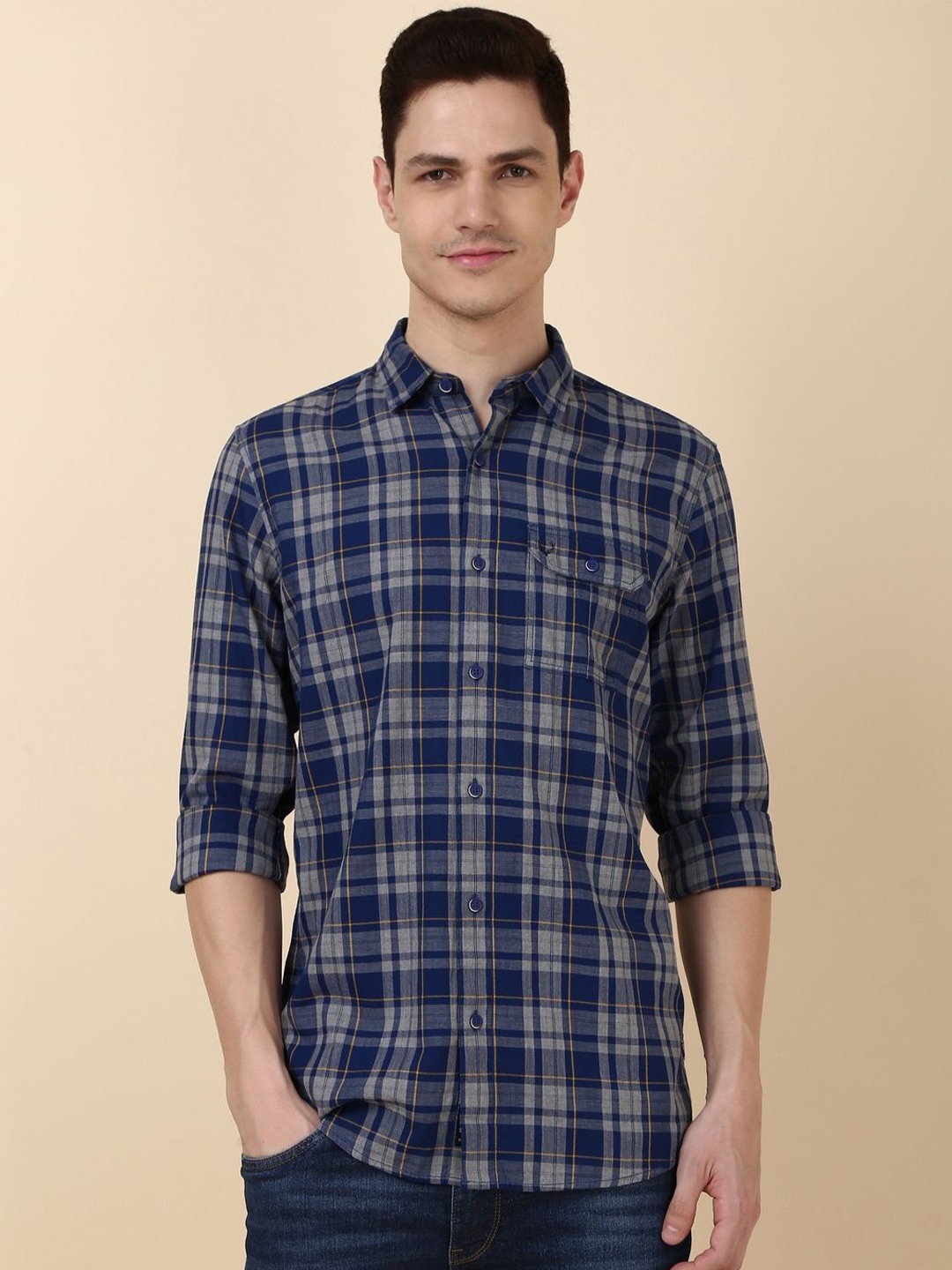 Allen Solly Men Slim Fit Tartan Checks Spread Collar Pure Cotton Casual Shirt, Navy blue
Allen Solly Men Slim Fit Tartan Checks Spread Collar Pure Cotton Casual Shirt, Navy blue