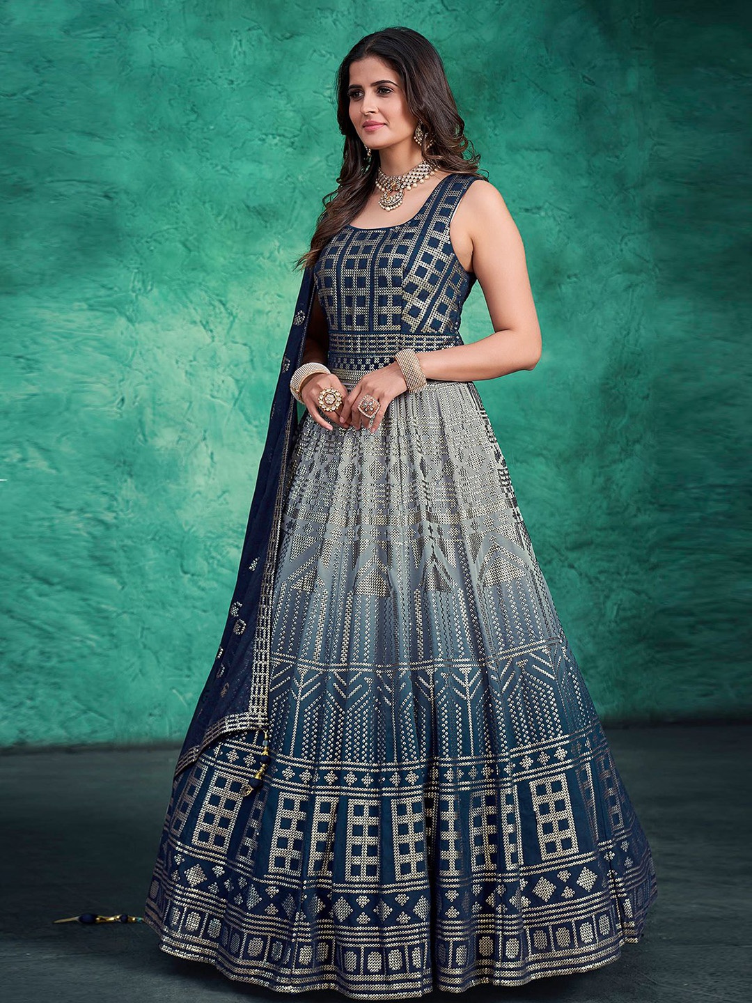 ODETTE Embroidered Sequined Georgette Fit & Flare Ethnic Dress With Dupatta, Blue
ODETTE Embroidered Sequined Georgette Fit & Flare Ethnic Dress With Dupatta, Blue