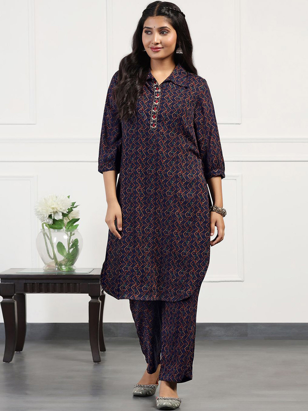 FASHION DREAM Geometric Printed Shirt Collar Thread Work Detailed Kurta With Trousers, Navy blue
FASHION DREAM Geometric Printed Shirt Collar Thread Work Detailed Kurta With Trousers, Navy blue