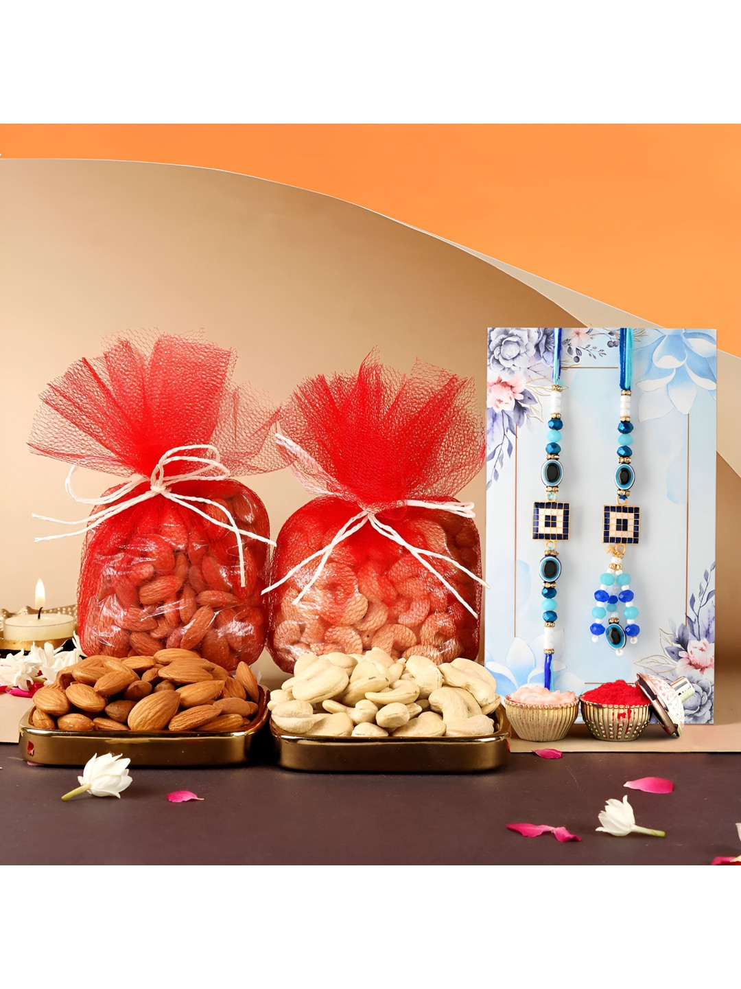 Ascension Set of 2 Rakhi With Mix Dry Fruits (200g) & Greeting Card With Roli Chawal, Blue 
Ascension Set of 2 Rakhi With Mix Dry Fruits (200g) & Greeting Card With Roli Chawal, Blue