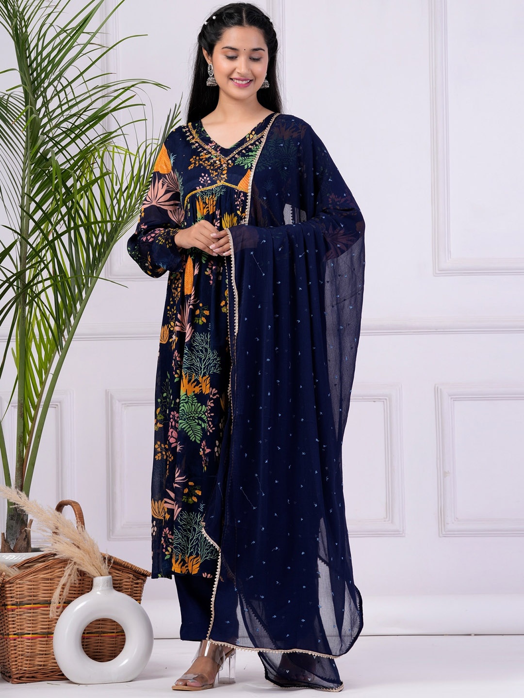KALINI Floral Embroidered Beads And Stones A-Line Kurta With Trousers & Dupatta, Blue
KALINI Floral Embroidered Beads And Stones A-Line Kurta With Trousers & Dupatta, Blue