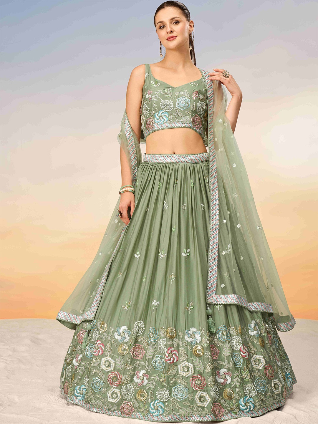 panchhi Embroidered Sequinned Semi-Stitched Lehenga & Unstitched Blouse With Dupatta, Lime green
panchhi Embroidered Sequinned Semi-Stitched Lehenga & Unstitched Blouse With Dupatta, Lime green