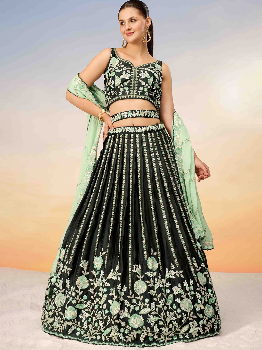 panchhi Embroidered Sequinned Semi-Stitched Lehenga & Unstitched Blouse With Dupatta, Green
panchhi Embroidered Sequinned Semi-Stitched Lehenga & Unstitched Blouse With Dupatta, Green