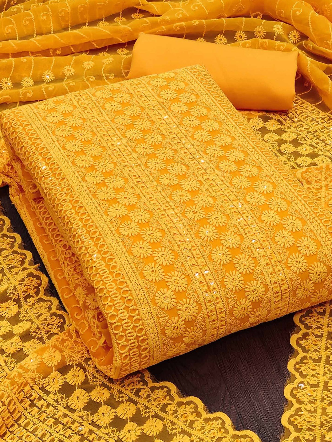 Peachmode Floral Embroidered Silk Georgette Sequinned Unstitched Dress Material, Yellow
Peachmode Floral Embroidered Silk Georgette Sequinned Unstitched Dress Material, Yellow