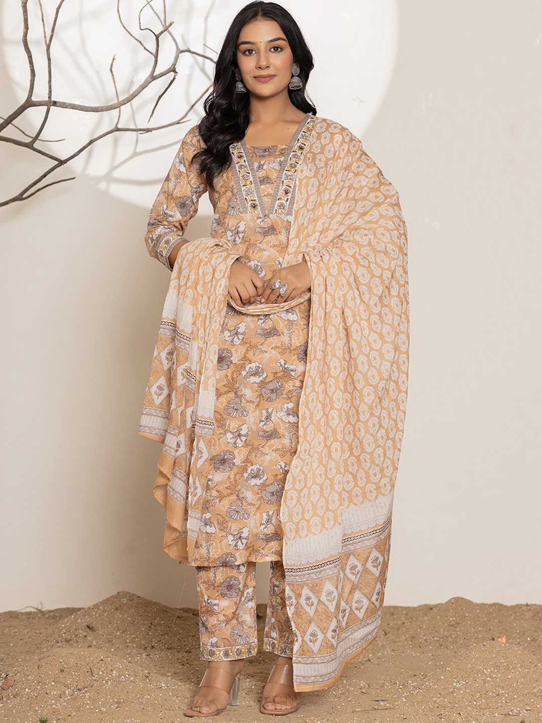 Yufta Floral Embroidered Regular Pure Cotton Straight Kurta With Trousers & Dupatta, Mustard
Yufta Floral Embroidered Regular Pure Cotton Straight Kurta With Trousers & Dupatta, Mustard