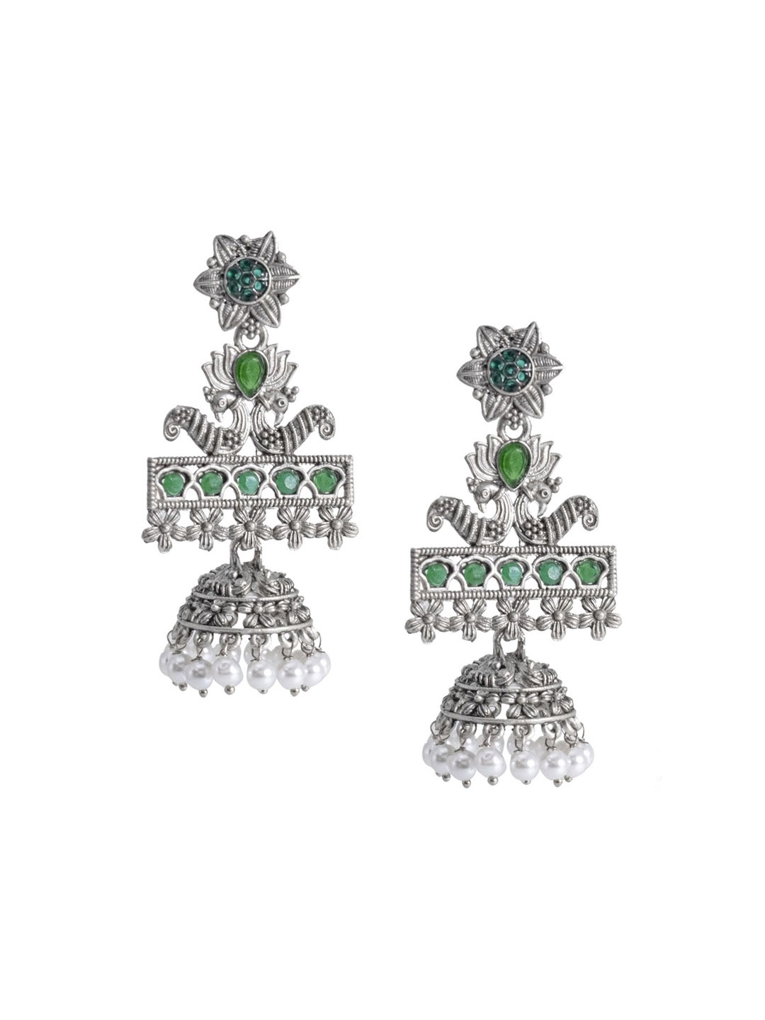 Shining Jewel - By Shivansh Silver-Plated Cubic Zirconia Studded Dome Shaped Jhumkas
Shining Jewel - By Shivansh Silver-Plated Cubic Zirconia Studded Dome Shaped Jhumkas