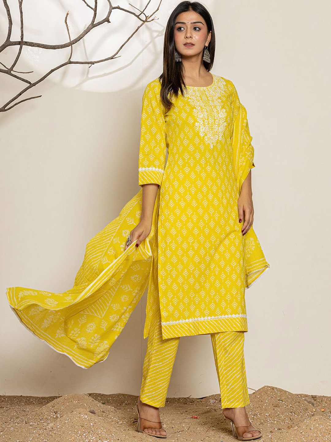 Yufta Ethnic Motifs Printed Thread Work Pure Cotton Straight Kurta With Trousers & Dupatta, Yellow
Yufta Ethnic Motifs Printed Thread Work Pure Cotton Straight Kurta With Trousers & Dupatta, Yellow
