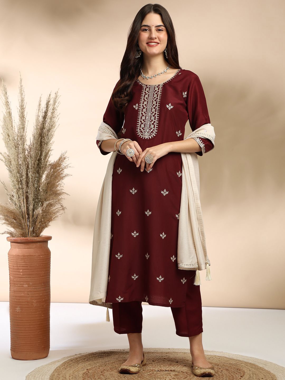 BAESD Ethinic Motifs Embroidered Round Neck Straight Kurta with Trouser & Dupatta, Maroon
BAESD Ethinic Motifs Embroidered Round Neck Straight Kurta with Trouser & Dupatta, Maroon